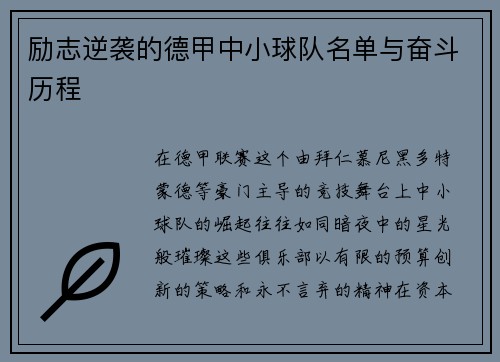 励志逆袭的德甲中小球队名单与奋斗历程